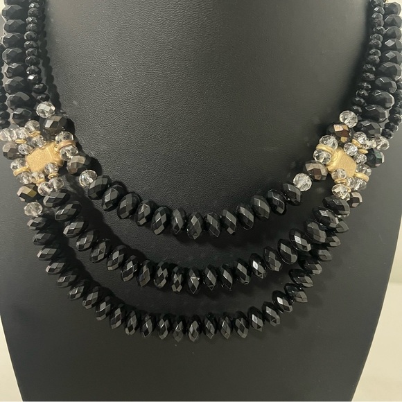 Vintage 3 Strand Necklace Gold Toned Smokey Rhinestones Clear & Black Beads - Picture 7 of 8